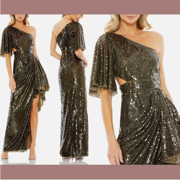NWT $698 Mac Duggal [ 2 ] Sequined Flutter Sleeve‎ One Shoulder Draped Gown Q750 - Picture 1 of 16